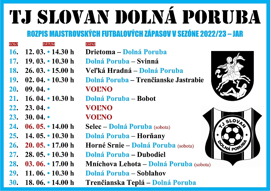 TJ Slovan - rozpis (jar 2023)