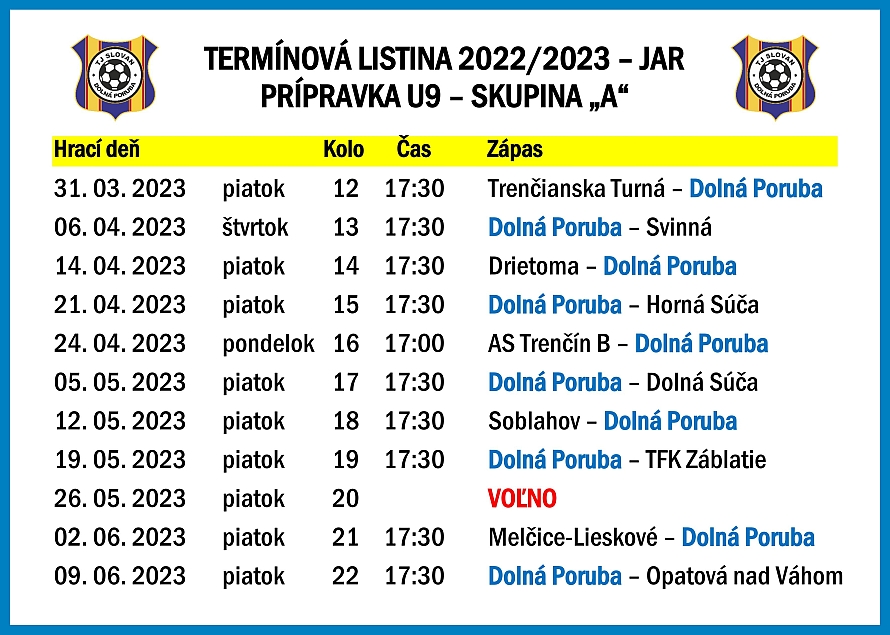 TJ Slovan U9 - rozpis (jar 2023)