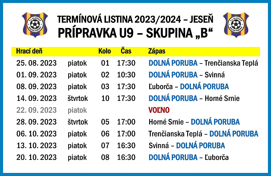 Rozpis zápasov TJ Slovan U9 (jeseň 2023)