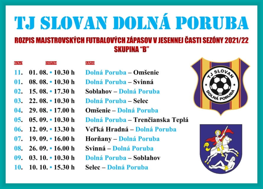 Rozpis TJ Slovan - jeseň 2021