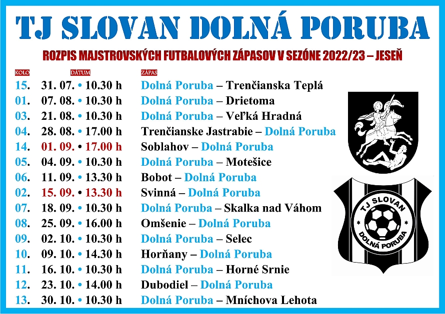 TJ Slovan - rozpis (jeseň 2022)