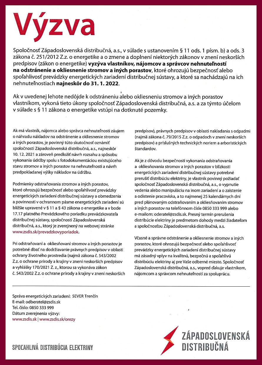 Výzva na okliesnenie stromov